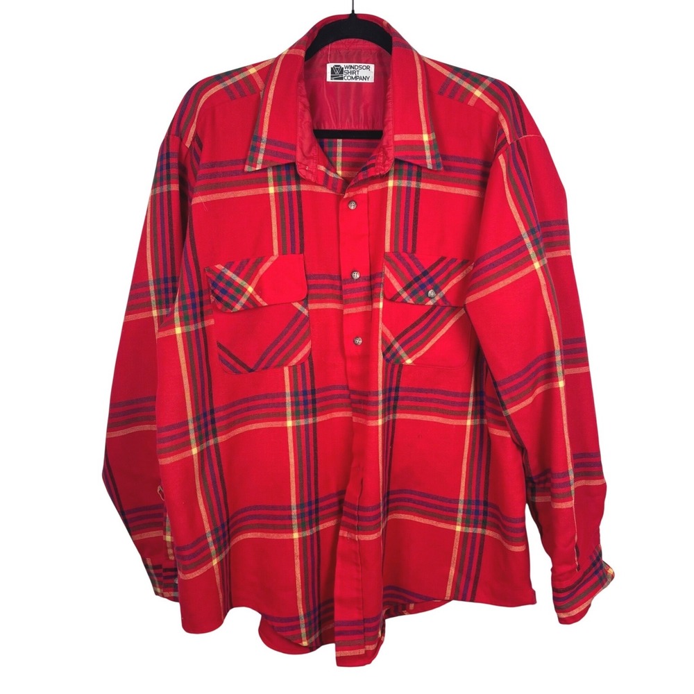 Windsor Shirt Company Men Plaid Flannel Long Sleeve Button Up Shirt Red Yellow